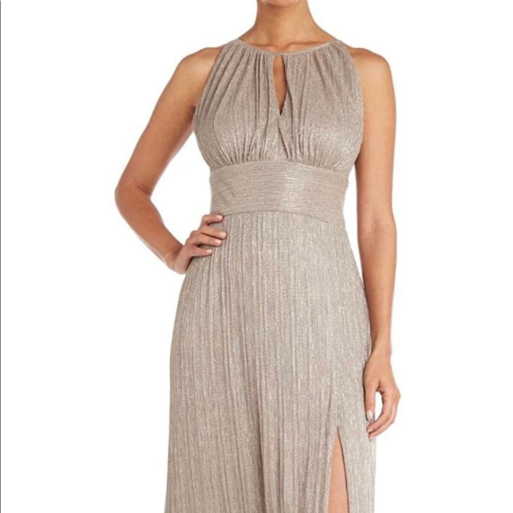 R&M Richards Metallic knit keyhole halter gowns.
